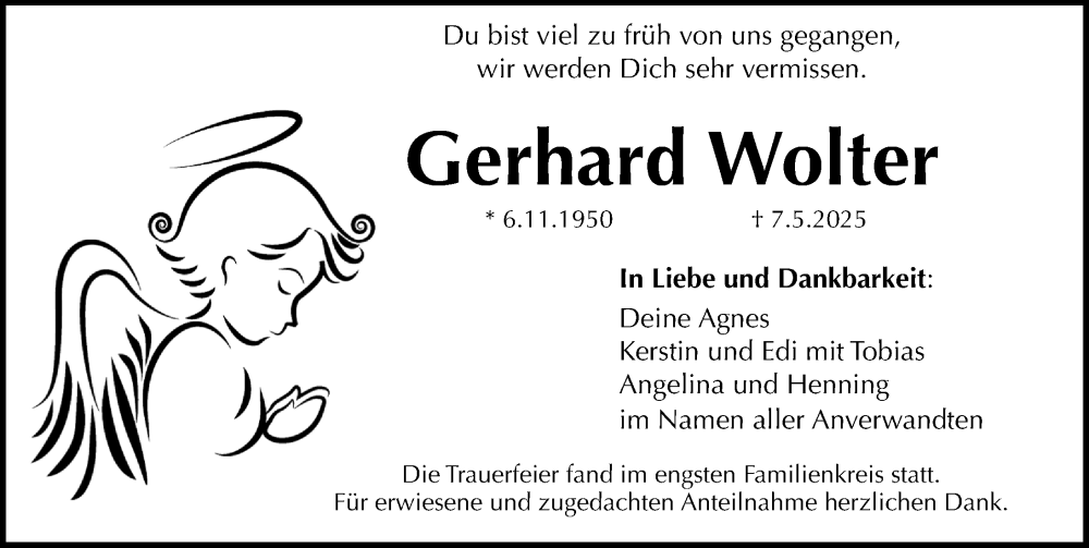 Traueranzeige für Gerhard Wolter vom 17.05.2025 aus Erlanger Nachrichten Lokal