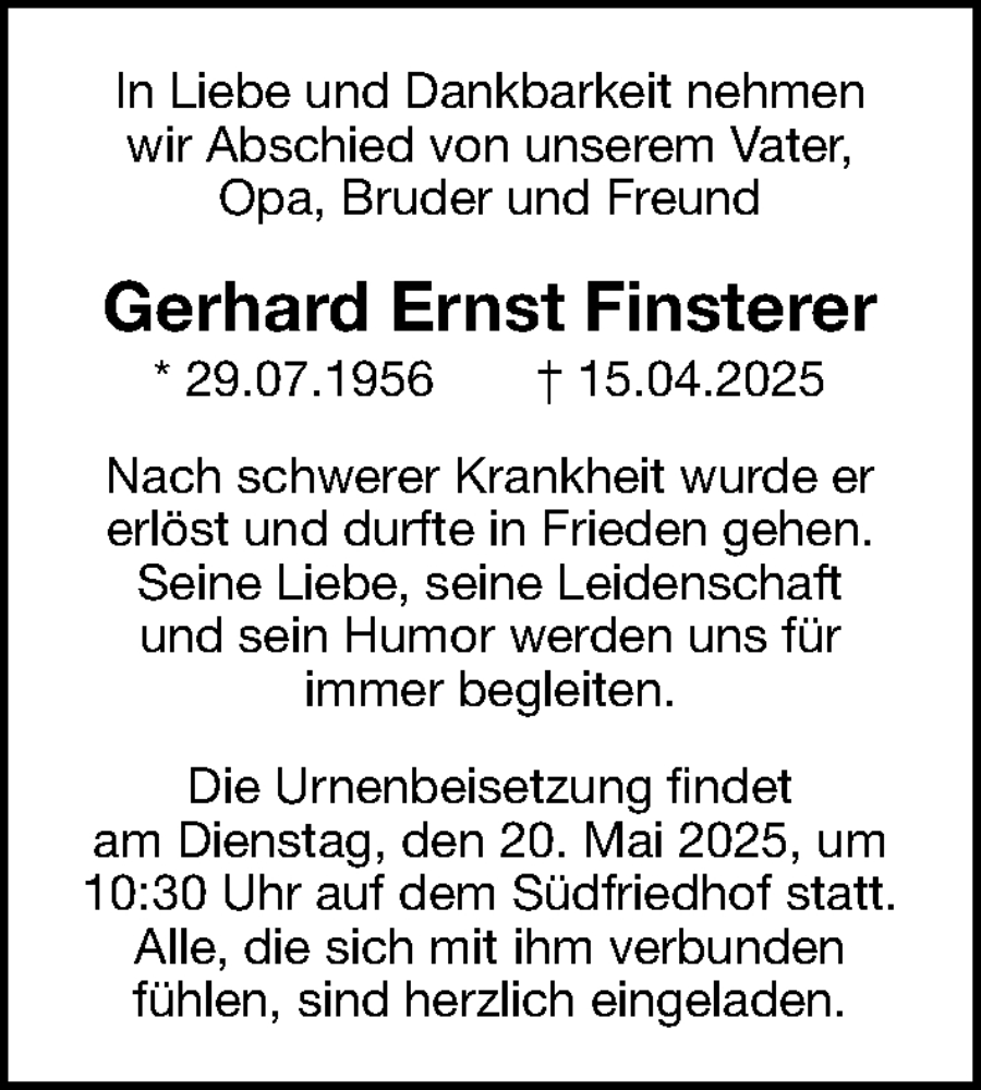  Traueranzeige für Gerhard Ernst Finsterer vom 17.05.2025 aus Gesamtausgabe Nürnberger Nachrichten/ Nürnberger Ztg.