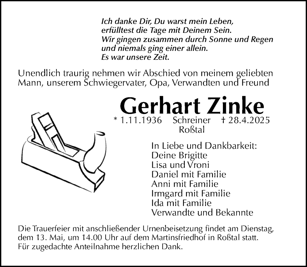  Traueranzeige für Gerhart Zinke vom 07.05.2025 aus Fürther Nachrichten Lokal