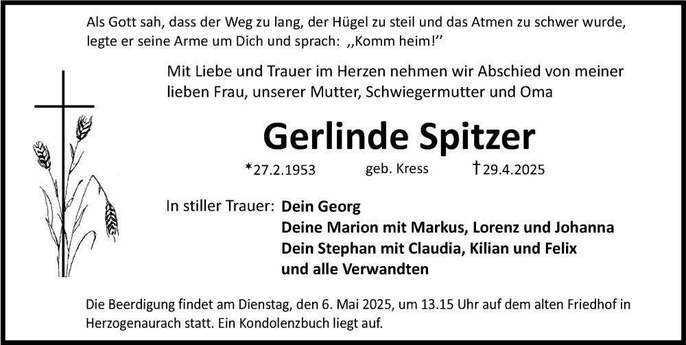  Traueranzeige für Gerlinde Spitzer vom 03.05.2025 aus Fürther Nachrichten/ Nordbayer. Nachrichten Herzogenaurach