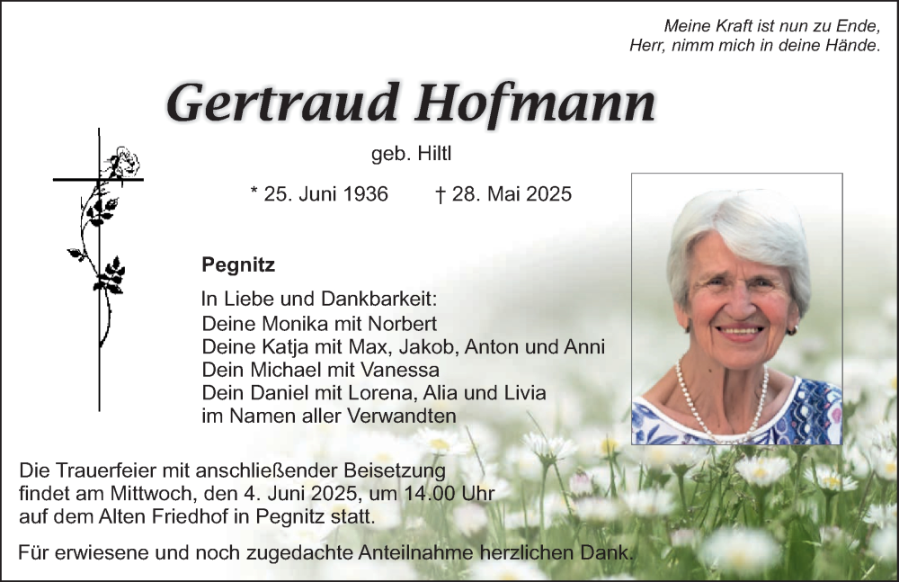  Traueranzeige für Gertraud Hofmann vom 31.05.2025 aus Nordbayerische Nachrichten Pegnitz Lokal