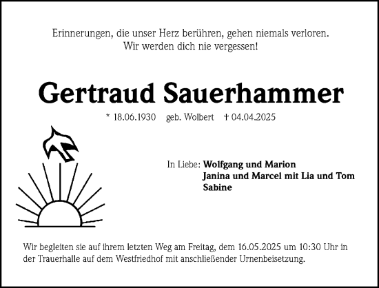 Traueranzeige von Gertraud Sauerhammer von Gesamtausgabe Nürnberger Nachrichten/ Nürnberger Ztg.