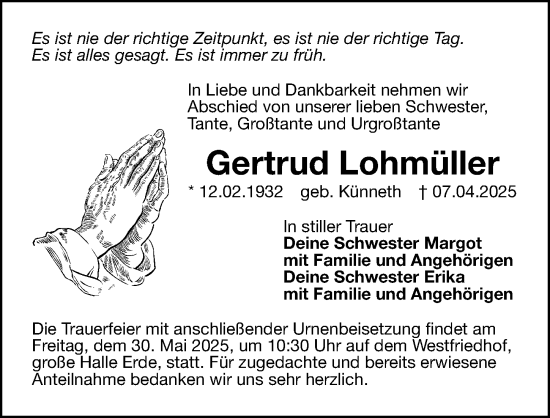 Traueranzeige von Gertrud Lohmüller von Gesamtausgabe Nürnberger Nachrichten/ Nürnberger Ztg.