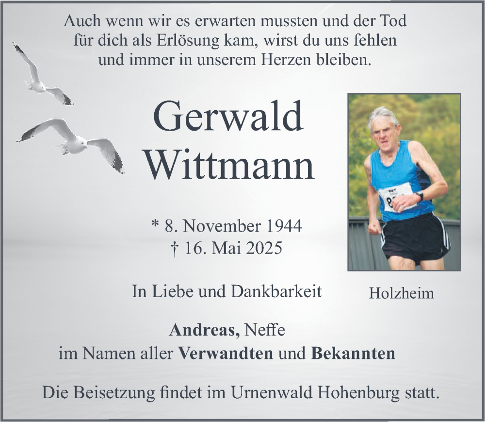  Traueranzeige für Gerwald Wittmann vom 24.05.2025 aus Neumarkter Nachrichten Lokal