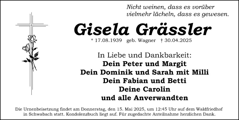  Traueranzeige für Gisela Grässler vom 10.05.2025 aus Schwabacher Tagblatt Lokal
