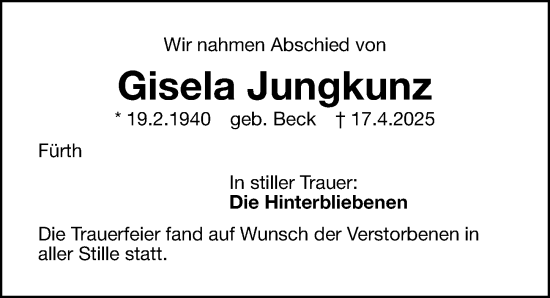 Traueranzeige von Gisela Jungkunz von Fürther Nachrichten Lokal