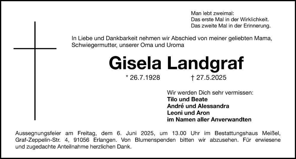  Traueranzeige für Gisela Landgraf vom 31.05.2025 aus Erlanger Nachrichten Lokal
