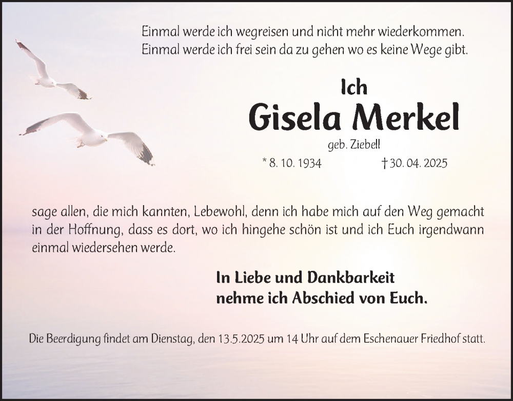  Traueranzeige für Gisela Merkel vom 10.05.2025 aus Erlanger Nachrichten Lokal