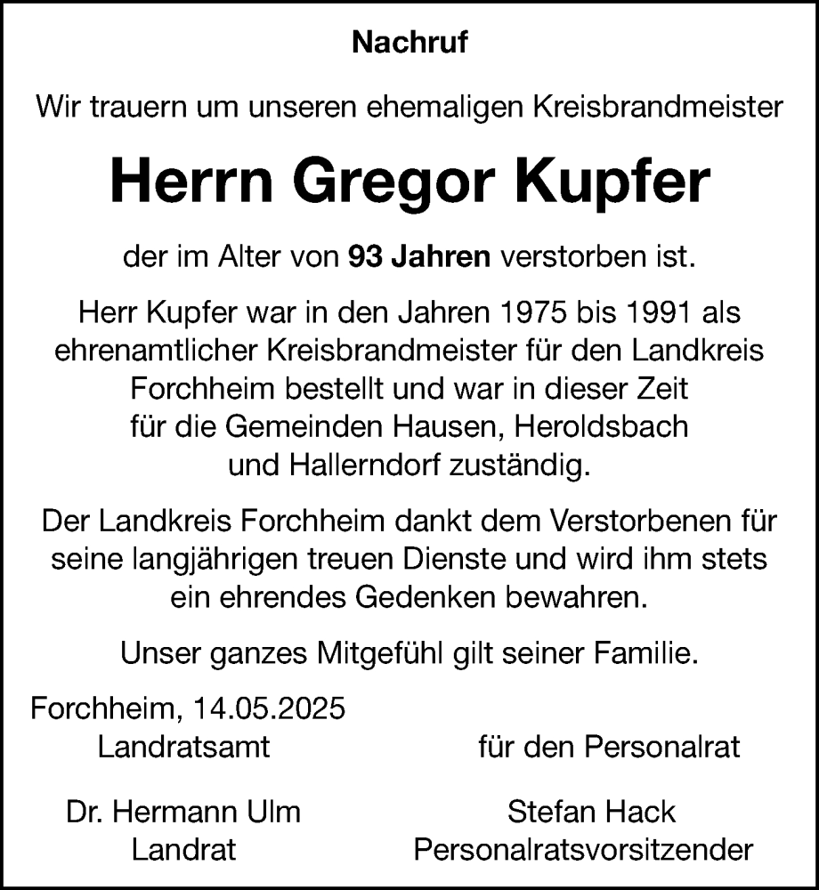  Traueranzeige für Gregor Kupfer vom 15.05.2025 aus Nordbayerische Nachrichten Forchheim Lokal