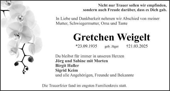 Traueranzeige von Gretchen Weigelt von Erlanger Nachrichten Lokal