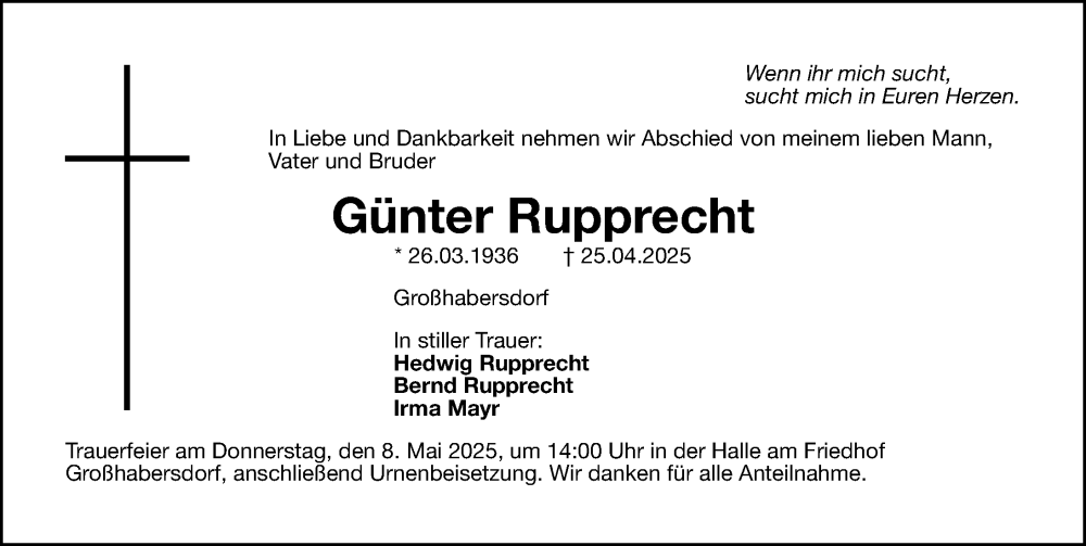  Traueranzeige für Günter Rupprecht vom 03.05.2025 aus Fürther Nachrichten Lokal