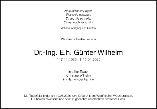 Traueranzeige von Günter Wilhelm von Erlanger Nachrichten Lokal