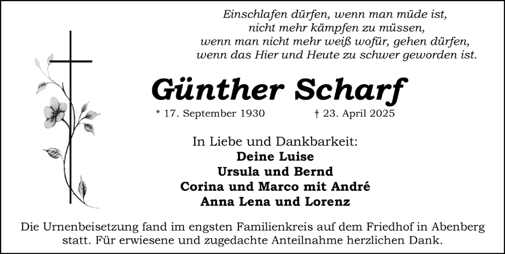  Traueranzeige für Günther Scharf vom 10.05.2025 aus Schwabacher Tagblatt Lokal