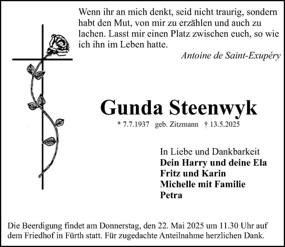  Traueranzeige für Gunda Steenwyk vom 20.05.2025 aus Fürther Nachrichten Lokal