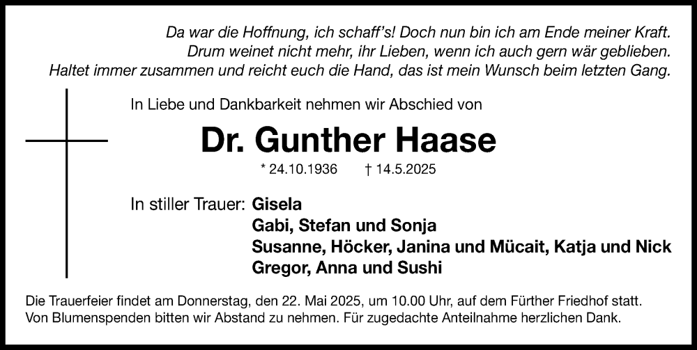 Traueranzeige für Gunther Haase vom 21.05.2025 aus Fürther Nachrichten Lokal