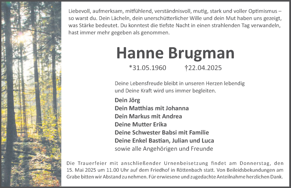  Traueranzeige für Hanne Brugman vom 10.05.2025 aus Erlanger Nachrichten/ Nordbayer. Nachrichten Forchheim