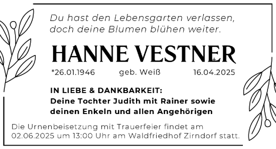 Traueranzeige von Hanne Vestner von Fürther Nachrichten Lokal