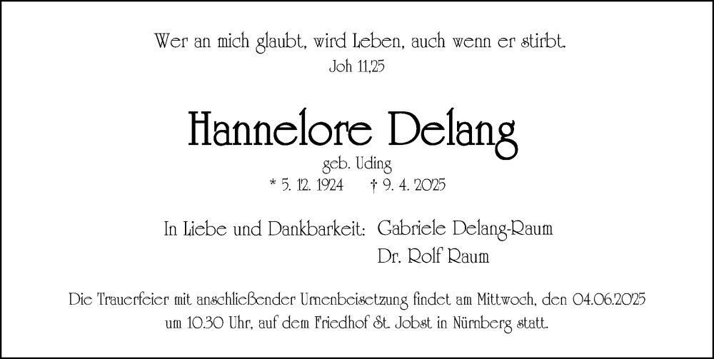  Traueranzeige für Hannelore Delang vom 24.05.2025 aus Gesamtausgabe Nürnberger Nachrichten/ Nürnberger Ztg.