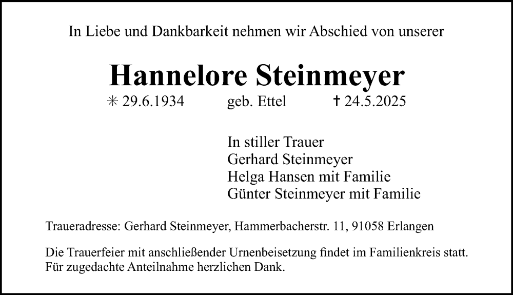  Traueranzeige für Hannelore Steinmeyer vom 31.05.2025 aus Erlanger Nachrichten Lokal