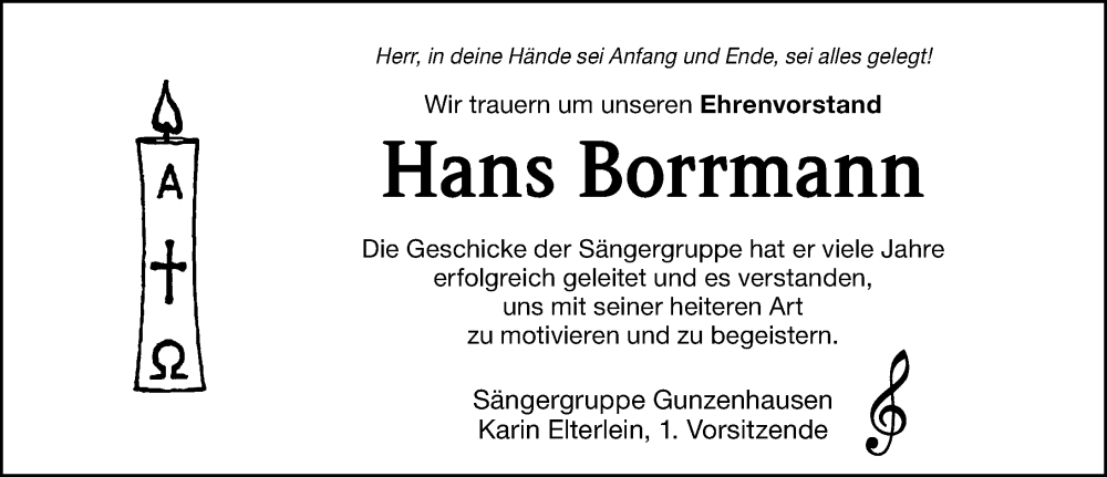  Traueranzeige für Hans Borrmann vom 03.05.2025 aus Altmühl-Bote Lokal