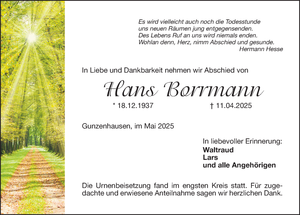 Traueranzeige für Hans Borrmann vom 03.05.2025 aus Altmühl-Bote Lokal