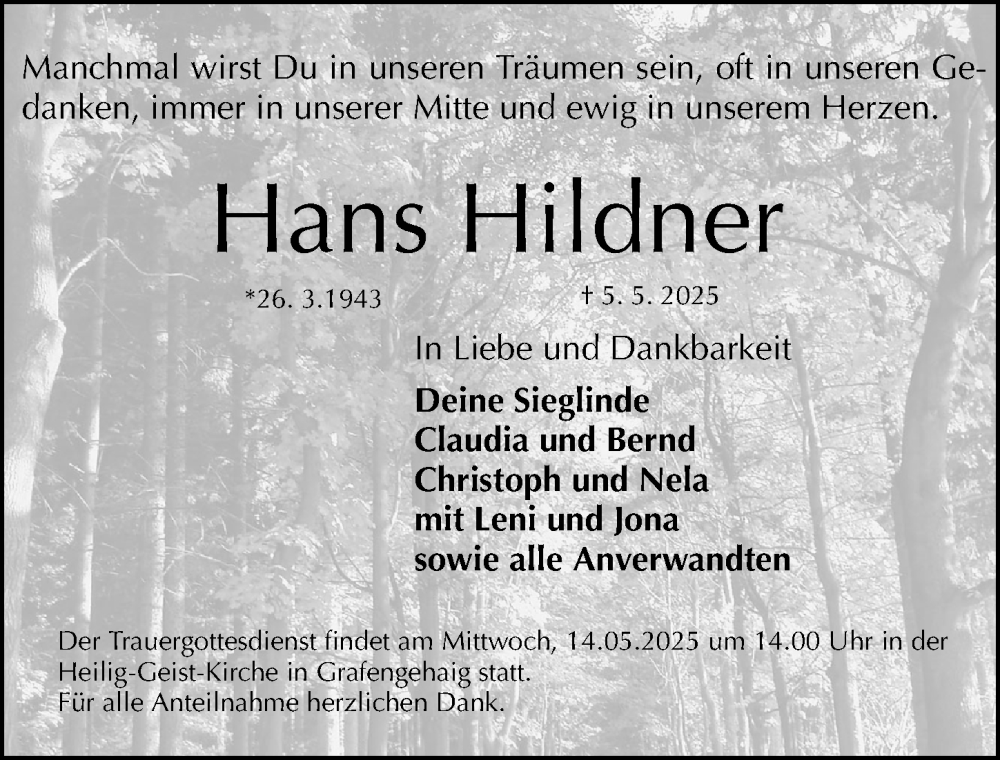  Traueranzeige für Hans Hildner vom 10.05.2025 aus Gesamtausgabe Nürnberger Nachrichten/ Nürnberger Ztg.