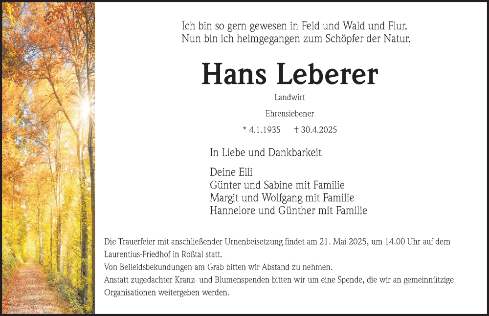  Traueranzeige für Hans Leberer vom 17.05.2025 aus Fürther Nachrichten Lokal