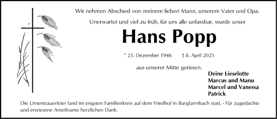 Traueranzeige von Hans Popp von Fürther Nachrichten Lokal