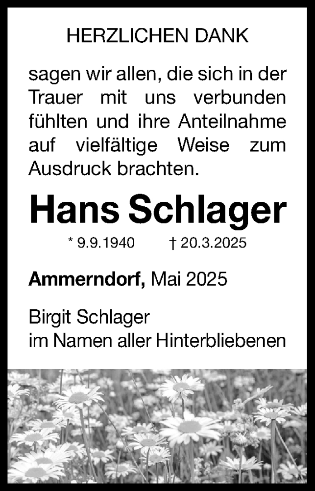  Traueranzeige für Hans Schlager vom 17.05.2025 aus Fürther Nachrichten Lokal