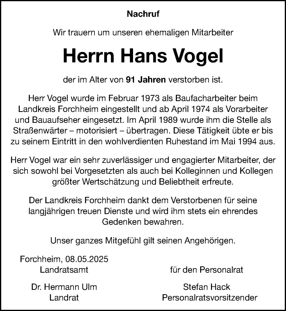  Traueranzeige für Hans Vogel vom 10.05.2025 aus Nordbayerische Nachrichten Forchheim Lokal