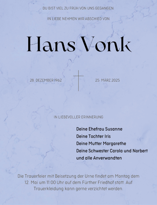Traueranzeige von Hans Vonk von Fürther Nachrichten Lokal