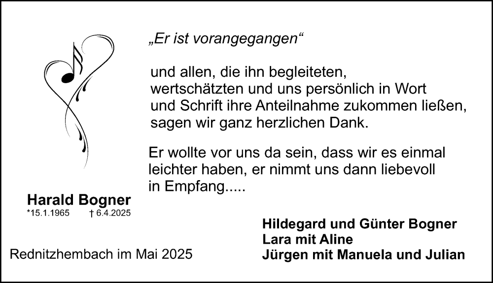  Traueranzeige für Harald Bogner vom 03.05.2025 aus Schwabacher Tagblatt Lokal