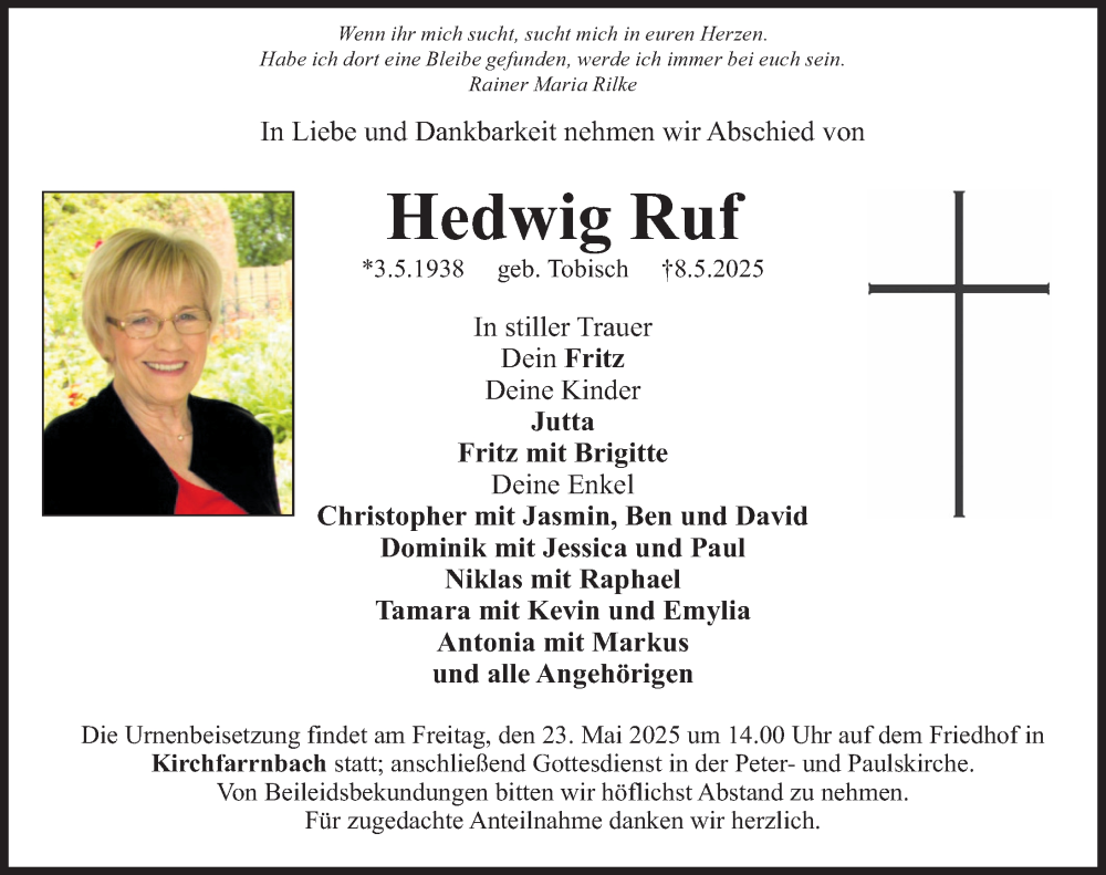  Traueranzeige für Hedwig Ruf vom 17.05.2025 aus Fürther Nachrichten Lokal