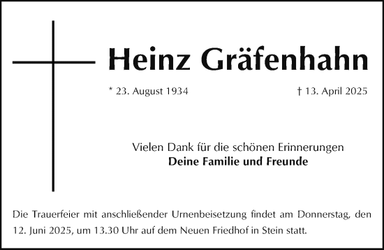 Traueranzeige von Heinz Gräfenhahn von Gesamtausgabe Nürnberger Nachrichten/ Nürnberger Ztg.