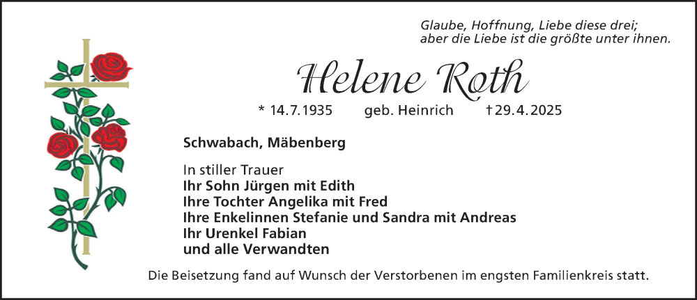  Traueranzeige für Helene Roth vom 17.05.2025 aus HST,HRHV