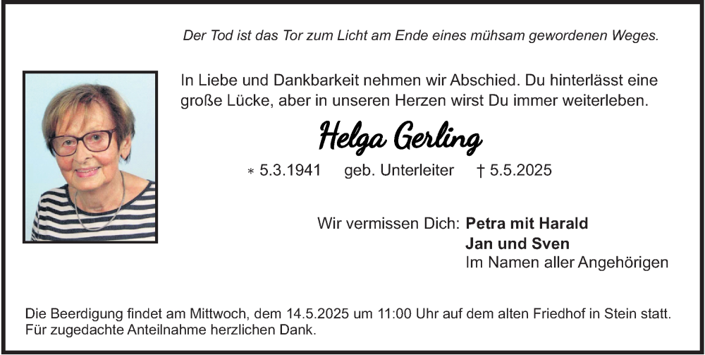  Traueranzeige für Helga Gerling vom 10.05.2025 aus Fürther Nachrichten Lokal