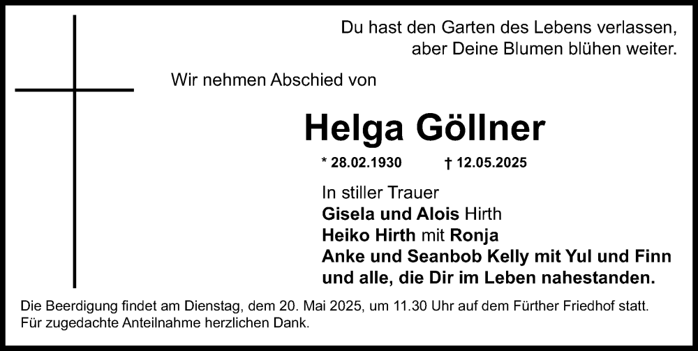  Traueranzeige für Helga Göllner vom 17.05.2025 aus Fürther Nachrichten Lokal