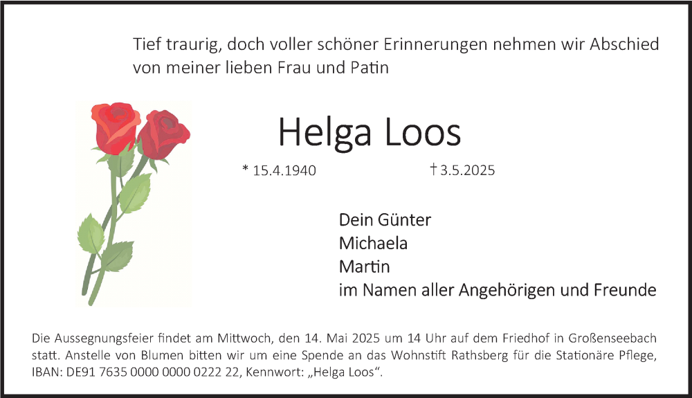  Traueranzeige für Helga Loos vom 10.05.2025 aus Erlanger Nachrichten Lokal