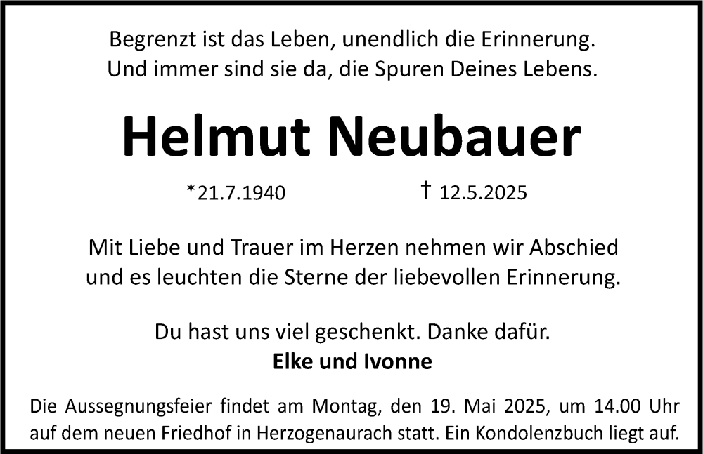 Traueranzeige für Helmut Neubauer vom 15.05.2025 aus Nordbayerische Nachrichten Herzogenaurach Lokal