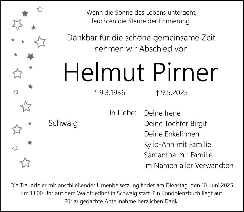  Traueranzeige für Helmut Pirner vom 31.05.2025 aus Gesamtausgabe Nürnberger Nachrichten/ Nürnberger Ztg.