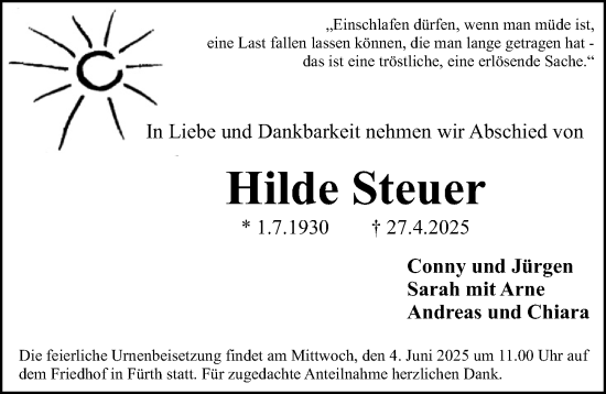 Traueranzeige von Hilde Steuer von Fürther Nachrichten Lokal