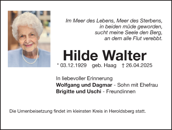 Traueranzeige von Hilde Walter von Gesamtausgabe Nürnberger Nachrichten/ Nürnberger Ztg.