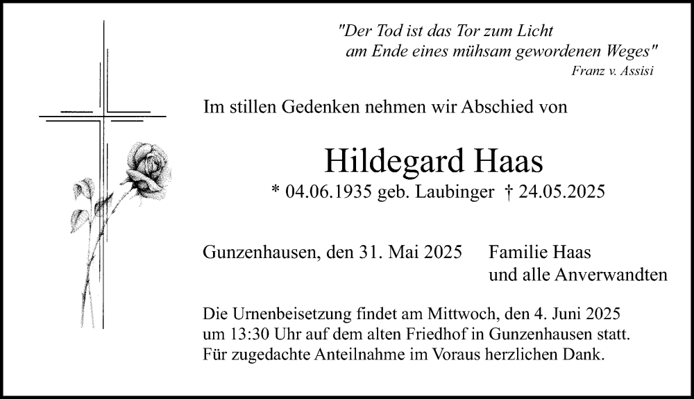  Traueranzeige für Hildegard Haas vom 31.05.2025 aus Altmühl-Bote Lokal
