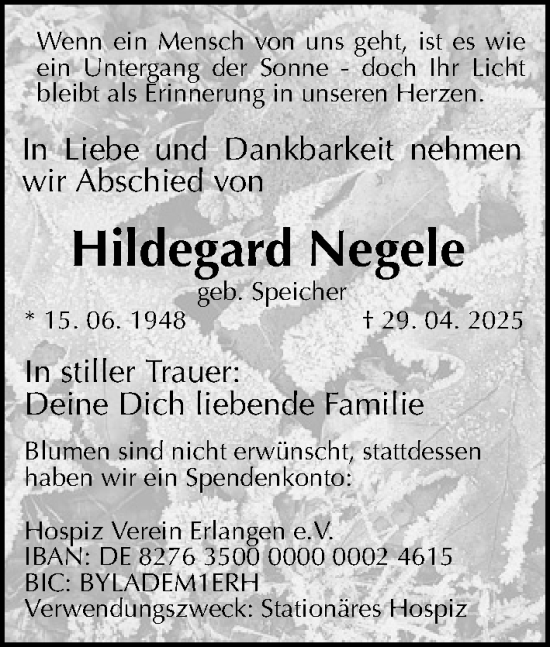 Traueranzeige von Hildegard Negele von Fürther Nachrichten Lokal