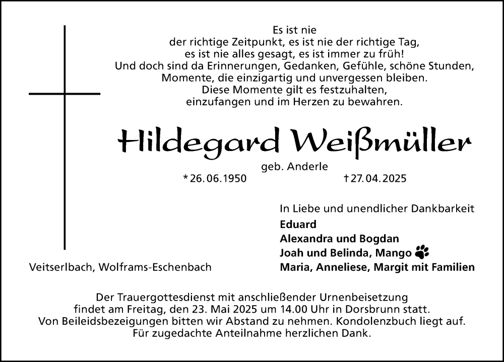  Traueranzeige für Hildegard Weißmüller vom 17.05.2025 aus Altmühl-Bote Lokal