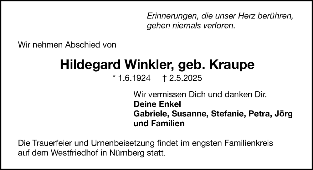  Traueranzeige für Hildegard Winkler vom 24.05.2025 aus Gesamtausgabe Nürnberger Nachrichten/ Nürnberger Ztg.