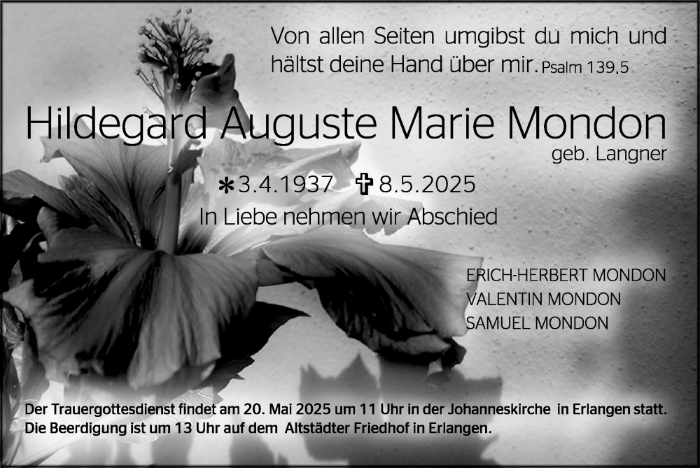  Traueranzeige für Hildegard Auguste Marie Mondon vom 17.05.2025 aus Erlanger Nachrichten Lokal