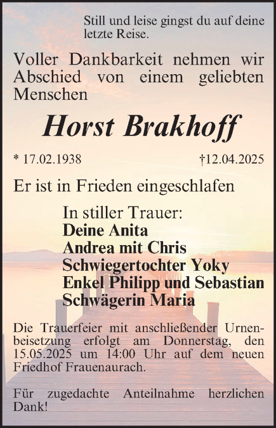 Traueranzeige von Horst Brakhoff von Erlanger Nachrichten Lokal