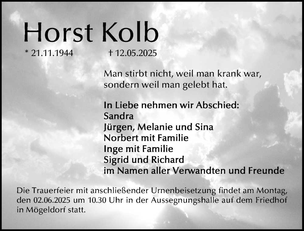 Traueranzeige für Horst Kolb vom 24.05.2025 aus Gesamtausgabe Nürnberger Nachrichten/ Nürnberger Ztg.