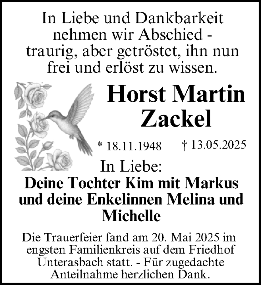  Traueranzeige für Horst Martin Zackel vom 24.05.2025 aus Fürther Nachrichten Lokal